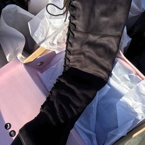 Black back tie thigh high boots